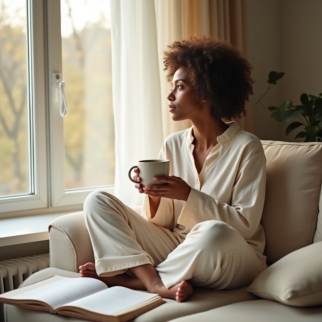 Freelancer cu ceașcă de cafea dimineața, planificator deschis, lumină naturală prin fereastră