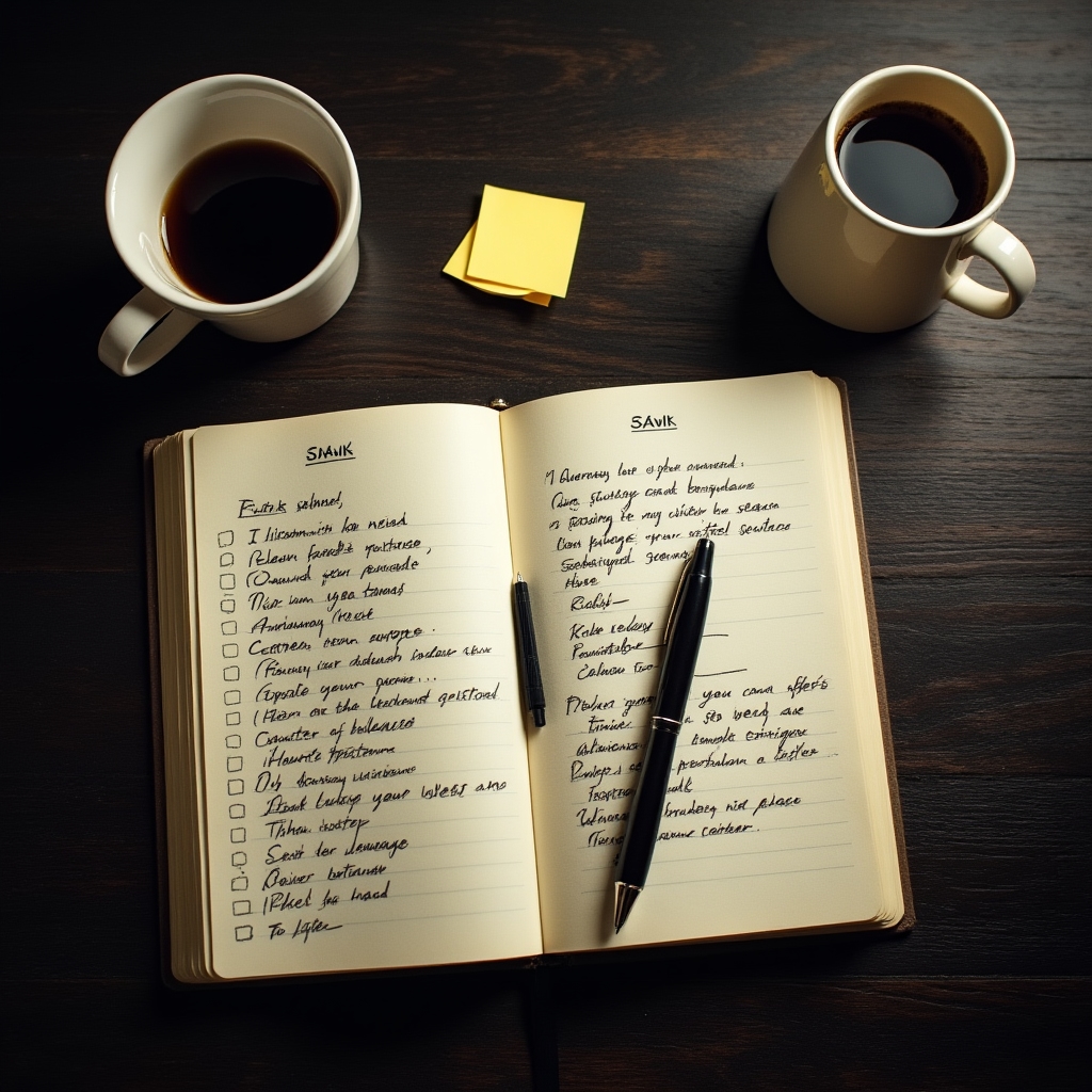 Notebook cu liste de sarcini scrise de mână, stilou, birou de lemn